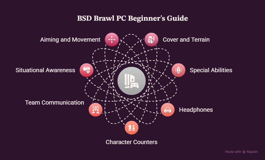 BSD Brawl PC tips for beginners infographic showing essential gameplay strategies including cover usage, teamwork, aiming, character counters, map awareness, headphones, and ability timing.